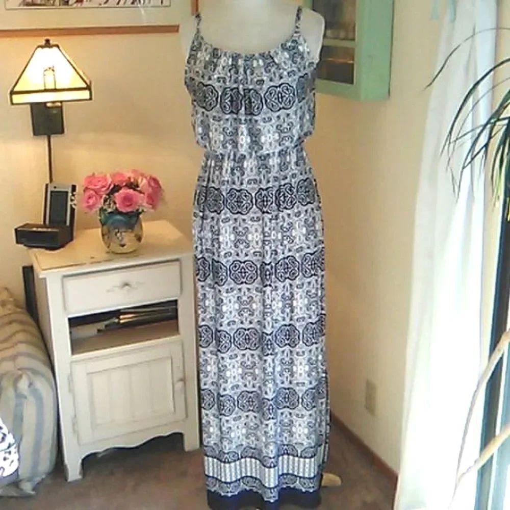 AB Studio Navy and White Maxi Dress